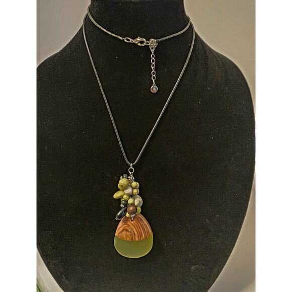 C 1946 Peridot Pendant with Yellow Turquoise Charms on Black Rope Necklace - Picture 1 of 2